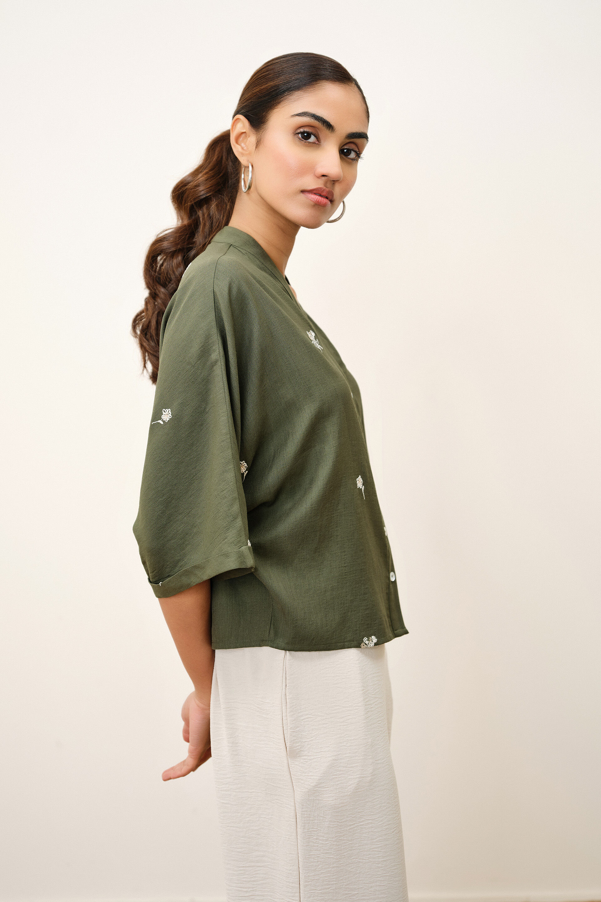 Olivae Embroidered Shirt, Olive, image 3